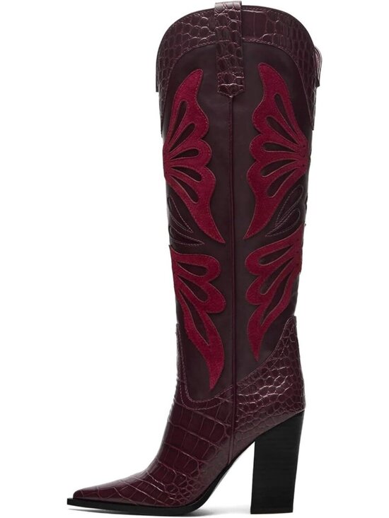 Shoes - Women's Burgundy Rubber Pointed Toe Chunky Butterfly Wide Calf Knee High Boots
